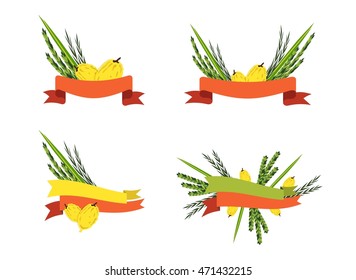 badges and labels of Jewish holiday Sukkot. traditional four species with ribbons