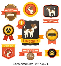 Badges, labels, ribbons with cute dogs, icons and objects.