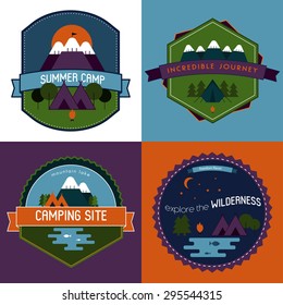 Badges and labels set of camping emblems with mountains, trees, campfire with tent and lake. Outdoor tourism concept logos
