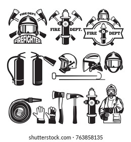 Badges and labels set for fire department. Firefighter and fire department emblem, vector ilustration