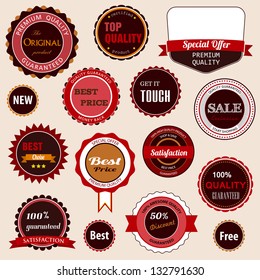 Badges, labels and stickers with various inscriptions on retail. Designed in brown colors.