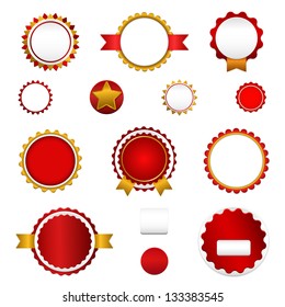 Badges, labels and stickers without text on retail. Designed in red colors.