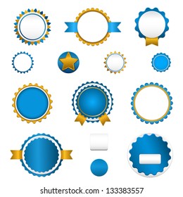 Badges, labels and stickers without text on retail. Designed in blue colors.