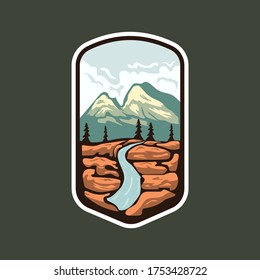 Badges Logo Design Landscape Illustration Patches Sticker River Mountain View Outdoor Adventure