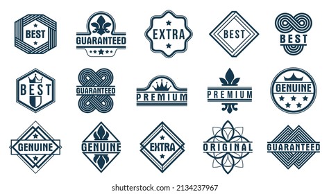 Badges and logos collection for different products and business, black and white premium best quality vector emblems set, classic graphic design elements, insignias and awards.