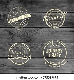 badges logos and labels for any use, on wooden background texture