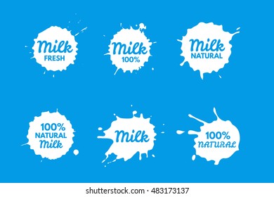 Badges Milk set. Splash and blot isolate on background. Emblems Clean