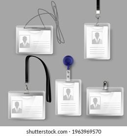 Badges with name or id tag set. Identification cards with lanyard, cord or ribbon vector illustration. Plastic mock up template for conference events, office employee pass.