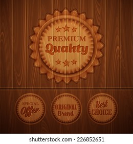 Badges on a wooden background. Vector illustration
