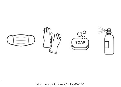 Badges of personal protective equipment - medical mask, latex gloves, soap, antiseptic. Coronavirus, covid 19 prophylactic items. Lines and polygonal symbols. Vector illustration