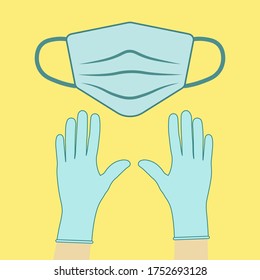 Badges of personal protective equipment-medical mask, latex gloves. Coronavirus, covid 19 prophylactic drugs. Lines and polygonal symbols. Mask icon. Vector illustration