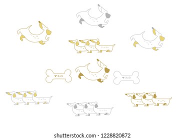 Badges and pins with dachshund dogs and bones. Graphic illustration.