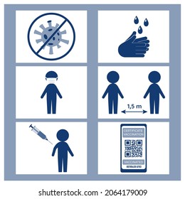 Badges, poster about precautions, protection from coronavirus infection COVID 19. Coronavirus advice for public via icons. Medical mask, vaccination, hand washing, social distance. Vector