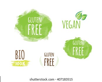 Badges for product packaging. Bio, gluten free, vegan, organic and healthy stickers.