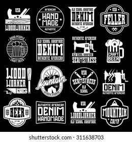 Badges in retro style. Graphic design for t-shirt. White print on black background.