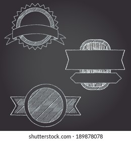 Badges and ribbons design elements. Chalk sketch drawing. Vector