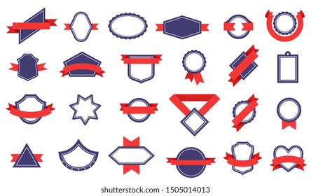 Badges with ribbons. Different shapes of award labels, winner ribbon. Quality badges, certificate seal stamp banner. Flat vector set