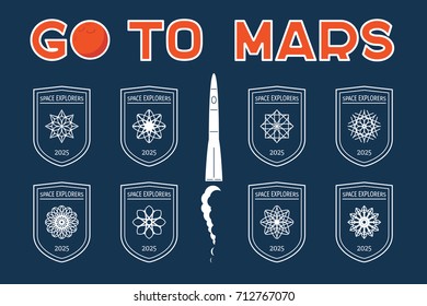 Badges set with abstract circular symbols. Vector design template for Mars mission, exploration, promo events, space games or books
