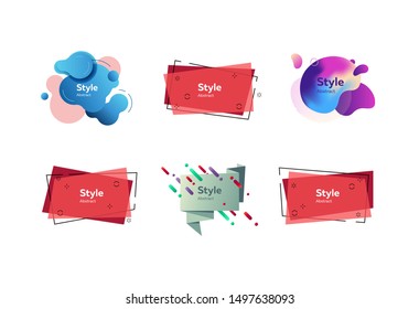 Badges set for advertising and logos. Abstract dynamic compositions with sample text. Trendy minimal templates for presentations, banners, posters and flyers. Vector illustration