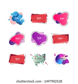 Badges set for advertising and logos. Abstract dynamic compositions with sample text. Trendy minimal templates for presentations, banners, posters and flyers. Vector illustration