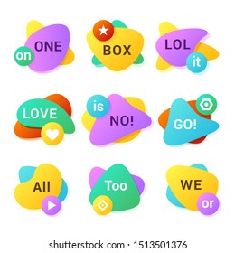Badges set for advertising and logos. Dynamical colored forms. Bright multi layer irregular shapes set. Geometric graphic elements isolated on white. Trendy minimal templates for presentations