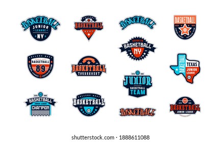 Badges set of basketball tournament with lettering and silhouette of the state of Texas. Graphic design for t-shirt. Color print on white background