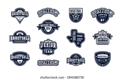 Badges set of basketball tournament with lettering and silhouette of the state of Texas. Graphic design for t-shirt. Black print on white background