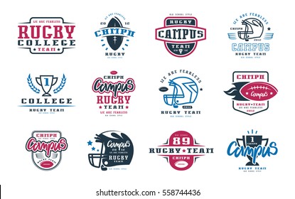 Badges set of campus rugby team. Graphic design for t-shirt. Color print on white background