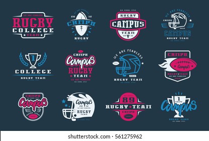 Badges set of campus rugby team. Graphic design for t-shirt. Color print on black background