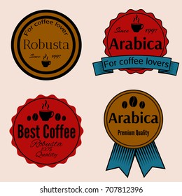 Badges set for coffee package, cafe, menu. Emblem for cafeteria, coffee paper cup. Round badges with coffee sort - arabika and robusta.