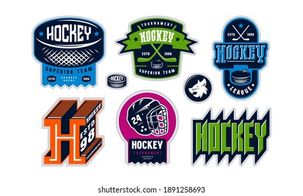 Badges Eishockeyteam. Grafikdesign für Aufkleber und T-Shirt. Farbdruck auf weißem Hintergrund