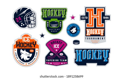 Badges set of ice hockey team. Graphic design for stickers and t-shirt. Color print on white background