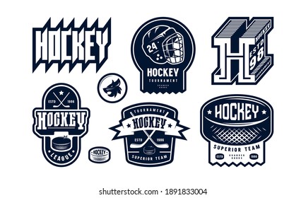 Badges set of ice hockey team. Graphic design for stickers and t-shirt. Black print on white background