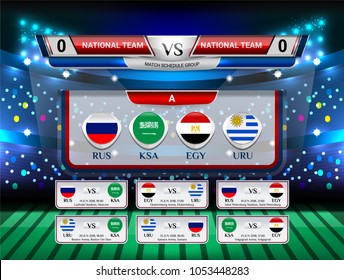 Badges Set of National Flag Group with Scoreboard Broadcast and match schedule for world soccer championship 2018, Vector illustration