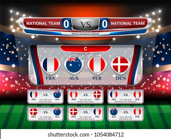 Badges Set of National Flag Group with Scoreboard Broadcast and match schedule for world soccer championship 2018 in russia, Vector illustration