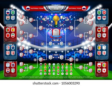 Badges Set of National Flag Group with Scoreboard Broadcast and match schedule for soccer championship, Vector illustration