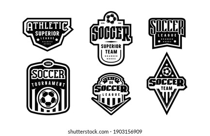 Badges set of soccer tournament. Graphic design for t-shirt. Black print on white background