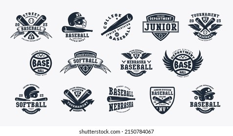 Badges set of softball and baseball tournament. Graphic design for t-shirt. Black print on white background