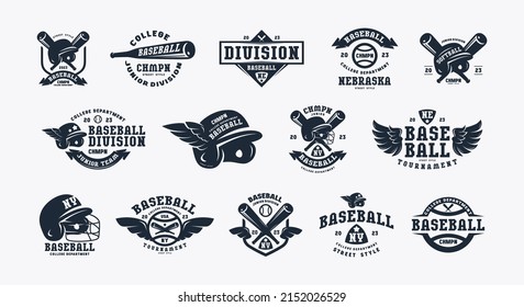 Badges set of softball and baseball tournament. Graphic design for t-shirt. Black print on white background