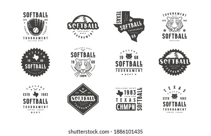 Badges set of softball tournament with a picture of tiger and silhouette of the state of Texas. Graphic design for t-shirt. Black print on white background