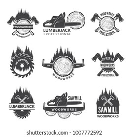 Badges set for wood working industry. Woodwork logo emblem industry, lumberjack woodworking. Vector illustration