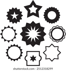 Insignias forma silueta Arte vectorial ilustración.insignias forma colecciones Set.Plantilla negra para parche, insignias, superposición.Circle sticker set.Wavy borde promo insignias negras.Etiquetas de forma de explosión de estrella para el Precio