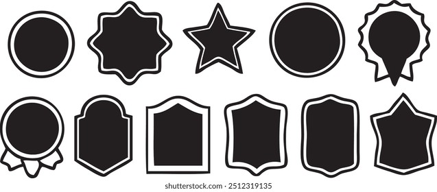 Emblemas forma silhueta vetor arte ilustration.badges coleções de formas Set.Black modelo para patch, insígnias, overlay.Circle adesivo set.Wavy borda promo emblemas pretos.Star marcas de forma de explosão para preço