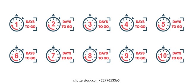 Badges or stickers with countdown days left. Day to go promotional banner. From 1 to 10 days.