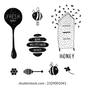 Badges, stickers, labels for bee products. Fresh honey. Raw wildflower  honey. Cartoon hand drawing beehive; honey; bees.