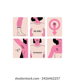 Badges for women's rights and equality. A set of stickers dedicated to feminism. Stylish and vector illustrations for International Women's Day.