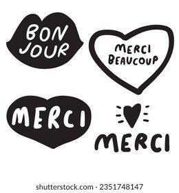 Badges. Words in French. Black and white vector graphic design. 