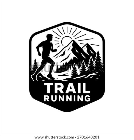 Badge-style logo of a trail runner over a mountain background, suitable for hiking or endurance race branding.