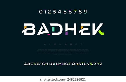 Badje kreative geometrische moderne städtische Alphabet-Schrift. Digital abstrakt futuristisch, Mode, Sport, minimale Technologie Typografie. Einfache numerische Vektorillustration