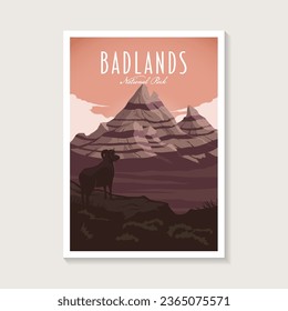 Badlands National Park poster illustration, big horn sheep goat on the mountain scenery poster design